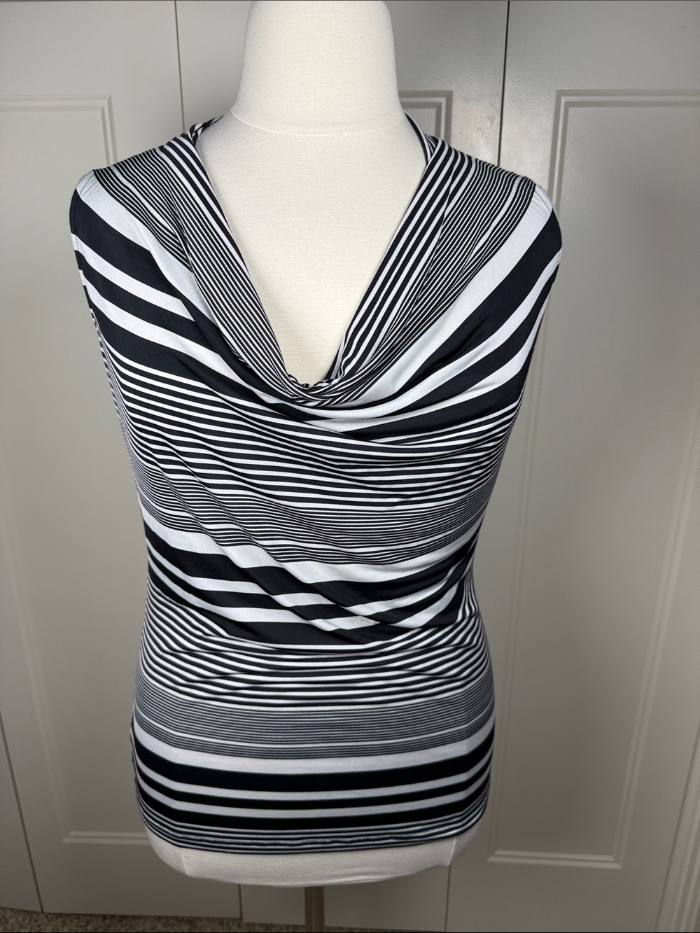 Worthington Black & White Striped Cowl Neck Top Size L